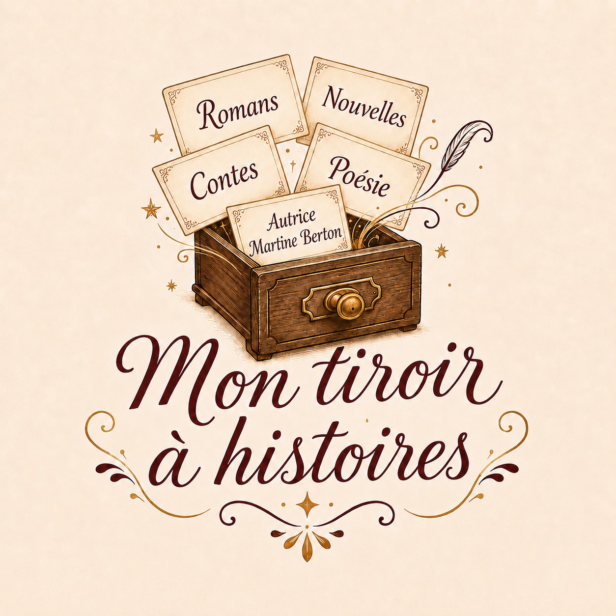 Mon tiroir à histoires de Martine Berton : un tiroir en bois, une plume et des fiches Romans, Nouvelles, Contes et Poésie