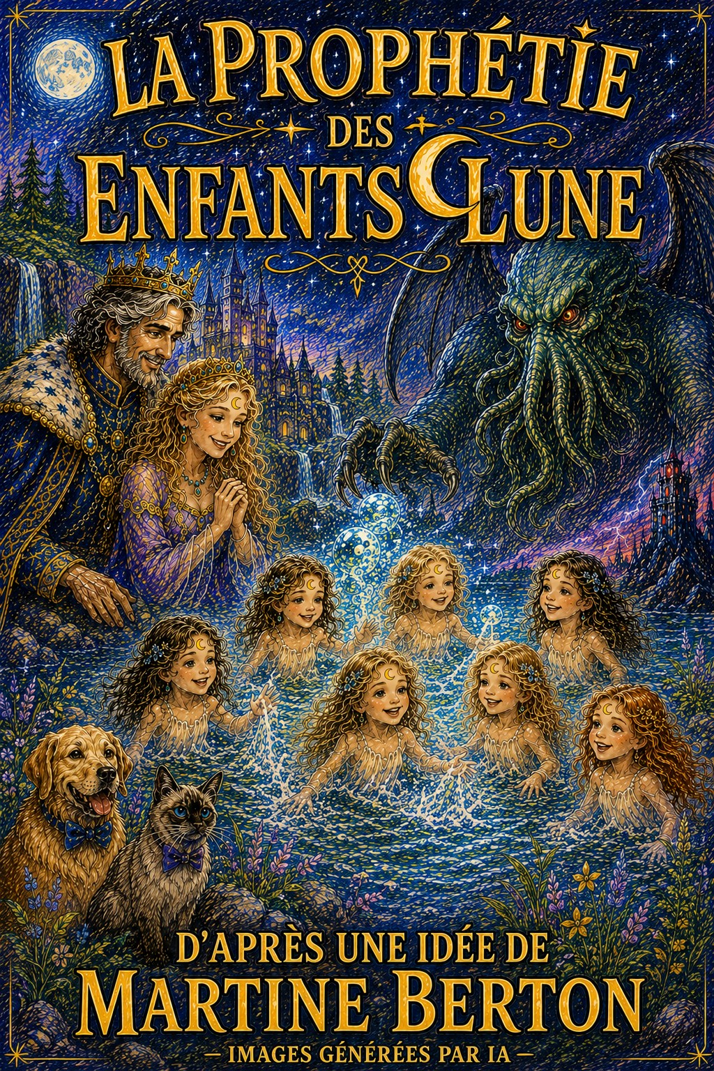 Couverture de La Prophétie des Enfants Lune de Martine Berton, avec les sept princesses sous un ciel étoilé