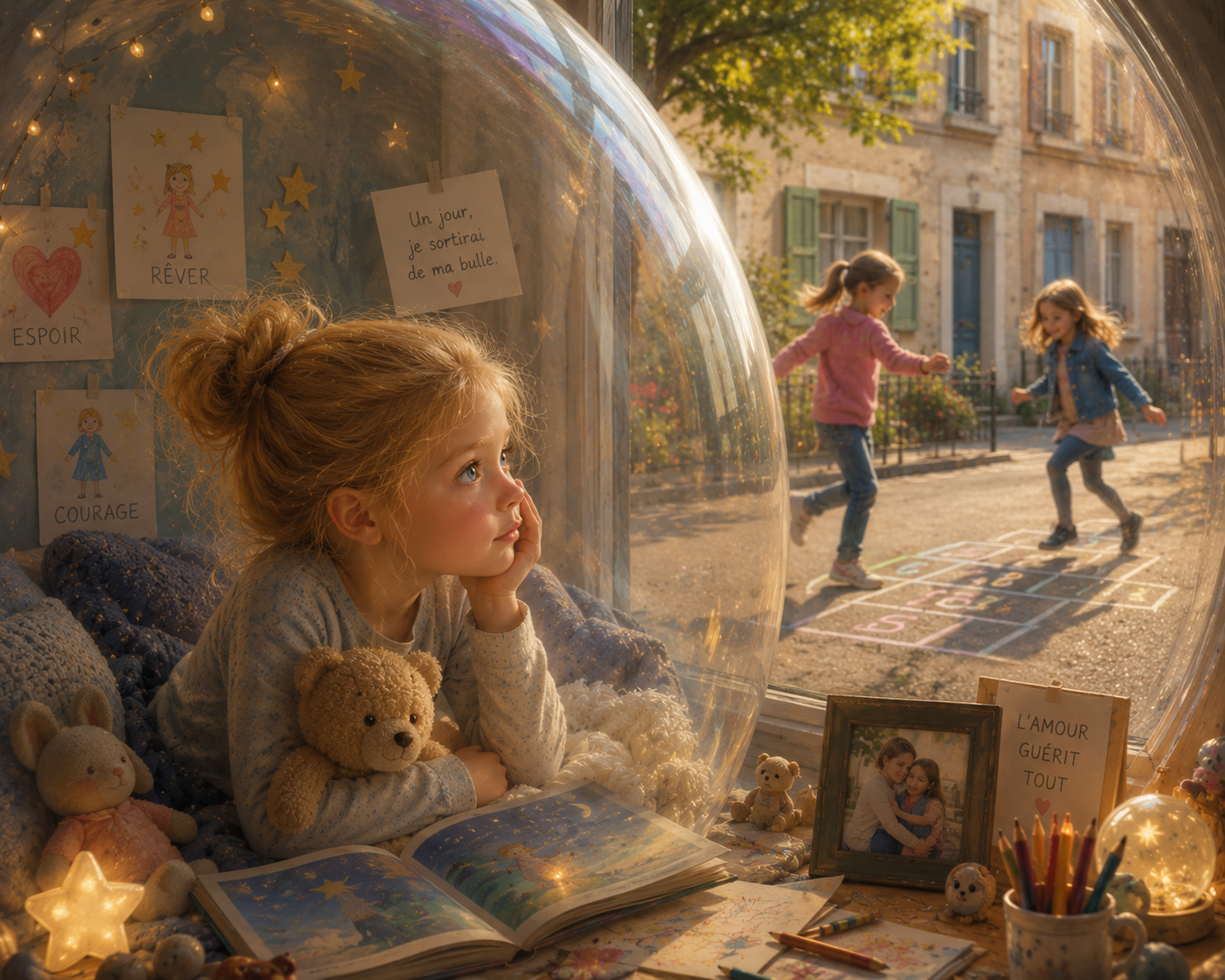 Tia dans sa bulle, regardant des enfants jouer dehors